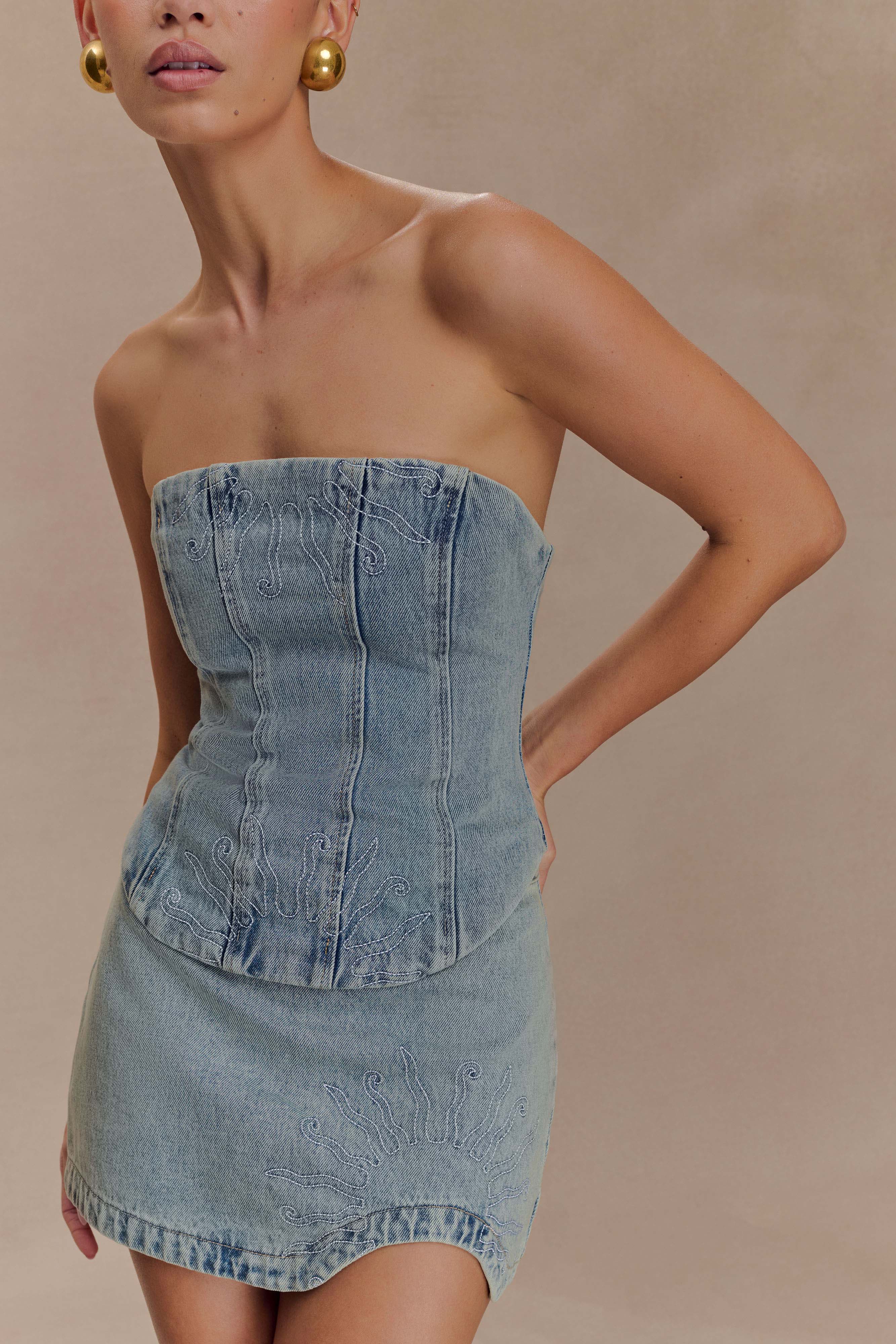 Alessia Embroidered Denim Corset - Light Vintage